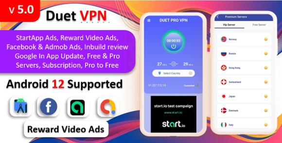 Duet Pro VPN App v5.0 Nulled – Secure VPN App & Fast VPN | Subscription | StartApp Ads | Facebook & Admob Ads Source