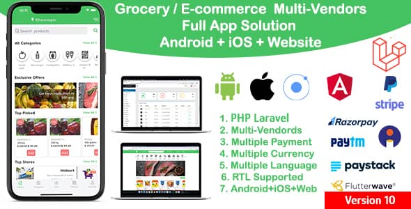 grocery / delivery services / ecommerce multi vendors(Android + iOS + Website) ionic 5 / CodeIgniter v11.0 Free