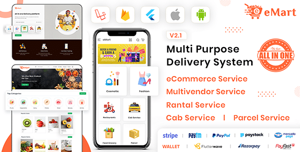 eMart v2.1.1 Nulled – Multivendor Food, eCommerce, Parcel, Taxi booking, Car Rental App with Admin and Website