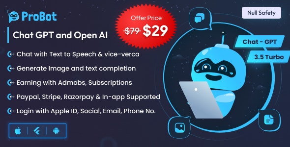ProBot v1.2 Nulled – ChatGPT | Admob | Subscription InApp | Open AI Chat, Writing Assistant & Image Generator