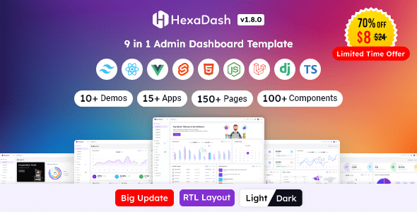 HexaDash v1.8.0 Nulled – Tailwind CSS, React, Svelte, Vue, Laravel, Nodejs, Django & HTML Admin Dashboard Template