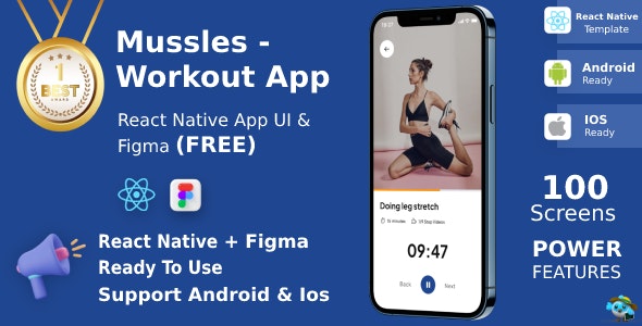 Workout Apps v1.1 Nulled - UI Kit, React Native, Figma (FREE), Mussles