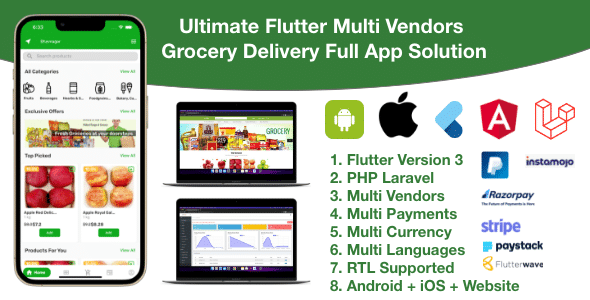 Grocery / delivery services / ecommerce multi vendors(android + iOS + website) flutter 3 / laravel v2.0 Free