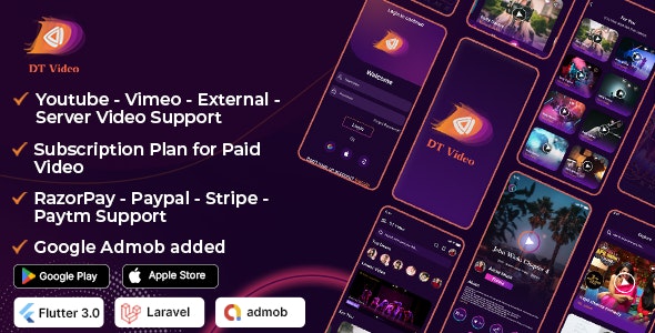 DTVideo v3.0.1 Nulled - Flutter Multipurpose All In One Videos App ( Android + ios) Admin panel