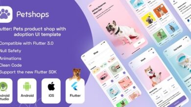 Flutter : Pets product shop with adoption UI template + Android app Template + IOS app Template v1.0 Free