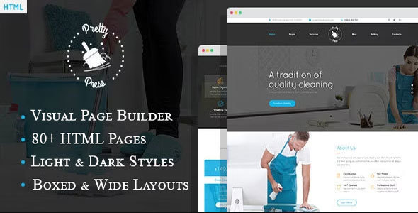 PrettyPress Nulled - Cleaning Service HTML Template with Builder