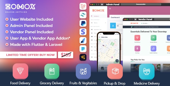 Zomox v2.1 Nulled - Grocery, Food, Pharmacy Courier & Service Provider + Backend + Driver app